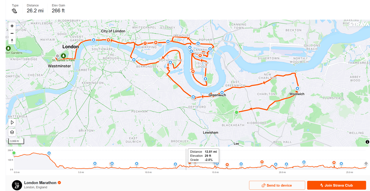 London Marathon 2026 course map showing full 26.2 mile route across London