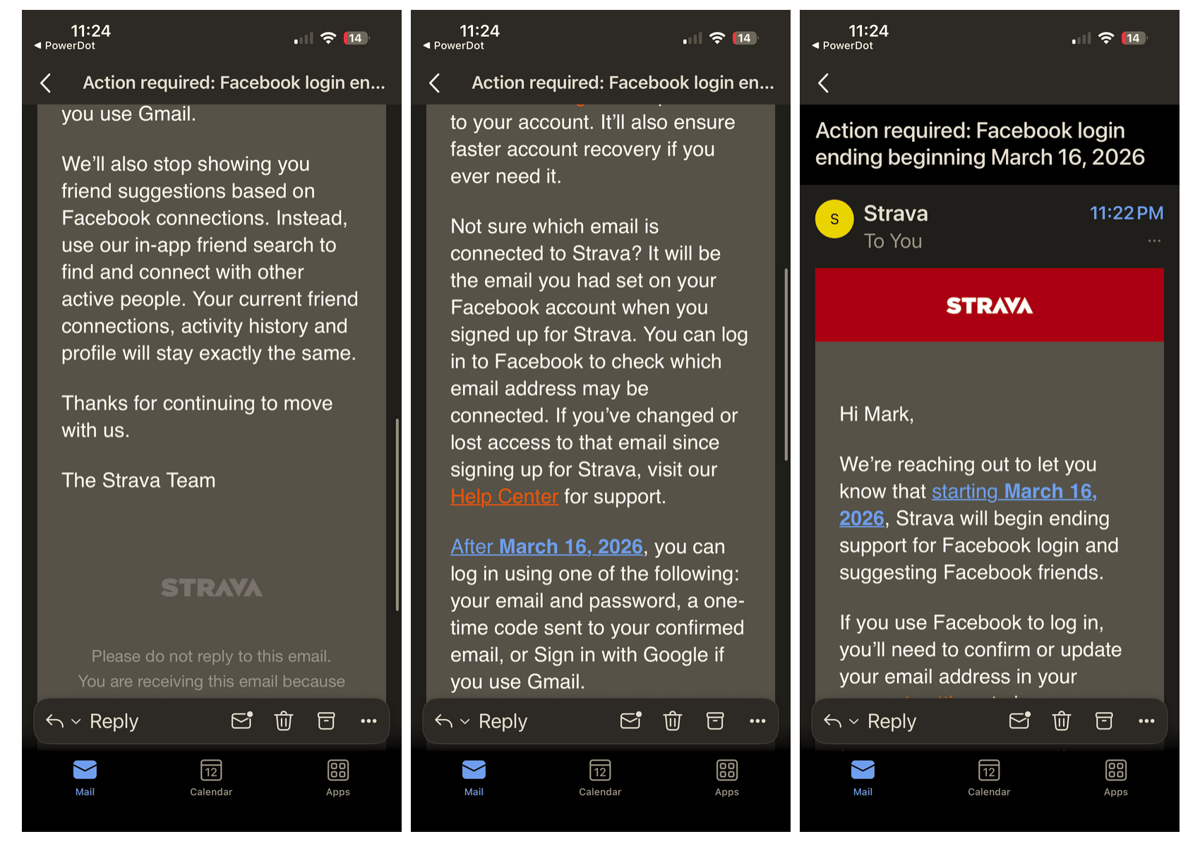 Strava app notification announcing withdrawal of Facebook login option showing email authentication requirement