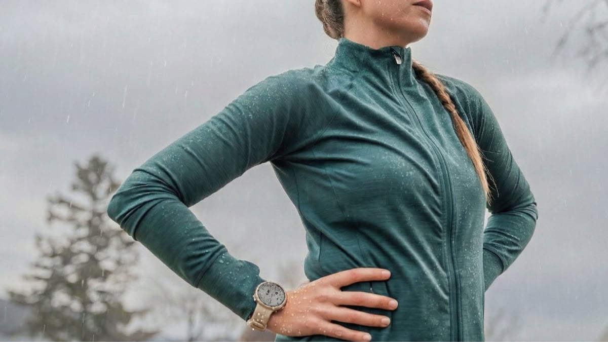 Reebok Rush fitness tracker worn on wrist outdoors — water resistant IP68 for rain running