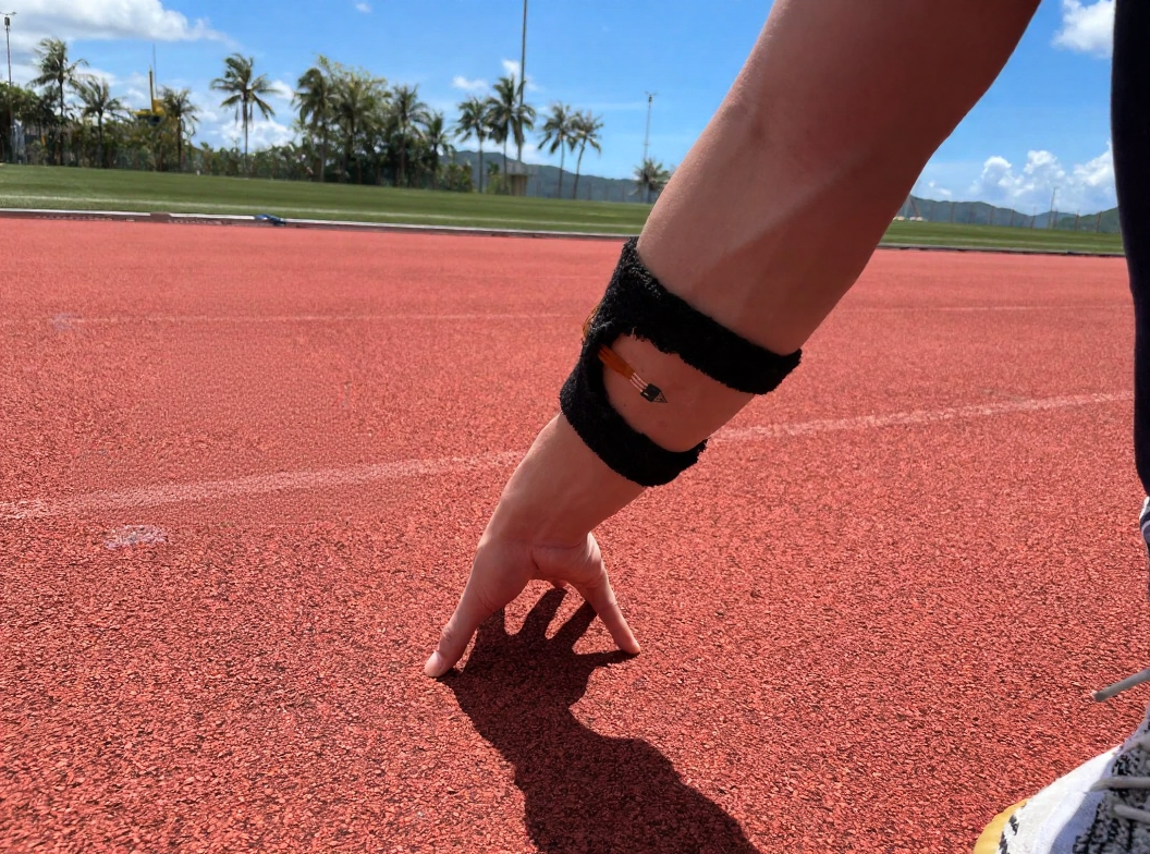 PF-ACE non-invasive lactate sensor worn on athlete's wrist at race start