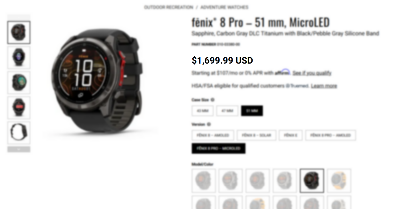 Garmin fenix 8 Pro MicroLED on Garmin.com showing $1,699 price