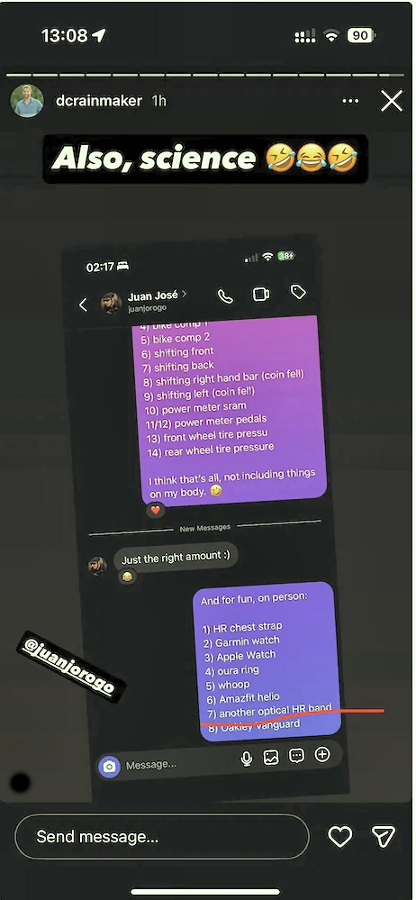 Garmin CIRQA leak screenshot from DCRainmaker Instagram showing device list with unnamed optical HR band