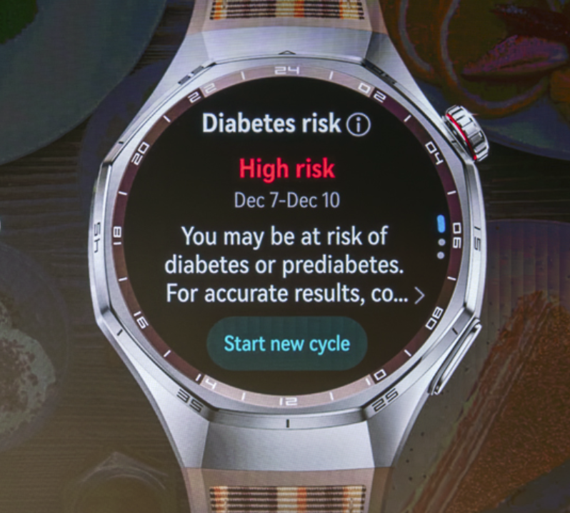 Huawei Health app diabetes risk screening results paired with Watch GT 6 Pro PPG sensor data