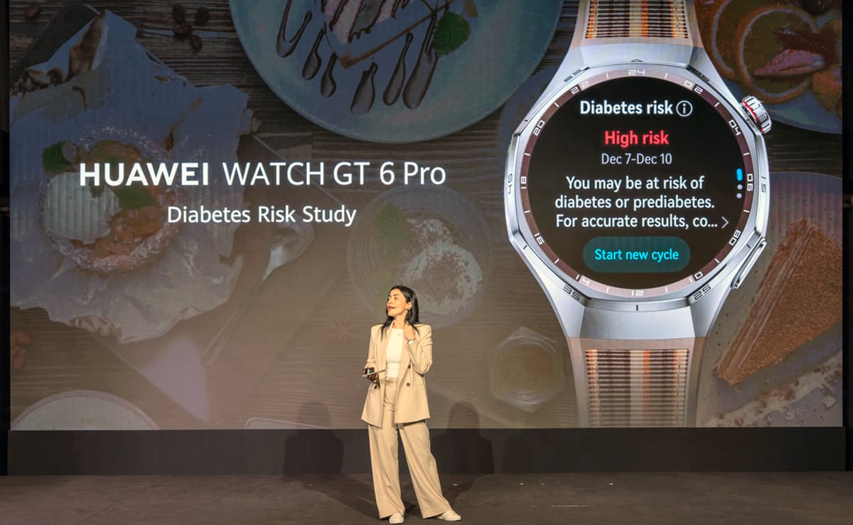 Huawei Watch GT 6 Pro diabetes risk screening interface displaying Low Medium High risk categories on watch face