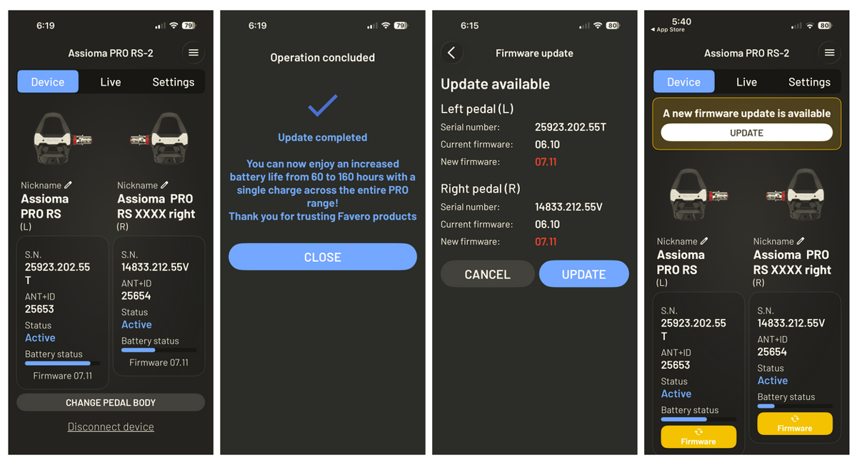 Favero app screenshots showing Assioma Pro RS pedal settings before and after firmware update to 160 hours