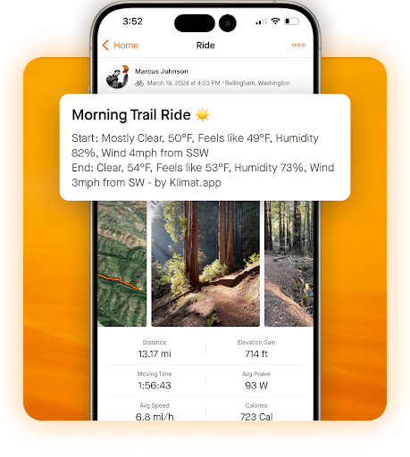 Klimat weather data displayed on a Strava activity showing temperature, conditions and environmental metrics