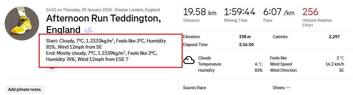 Klimat Weather Shown in strava activity - wether at start and end