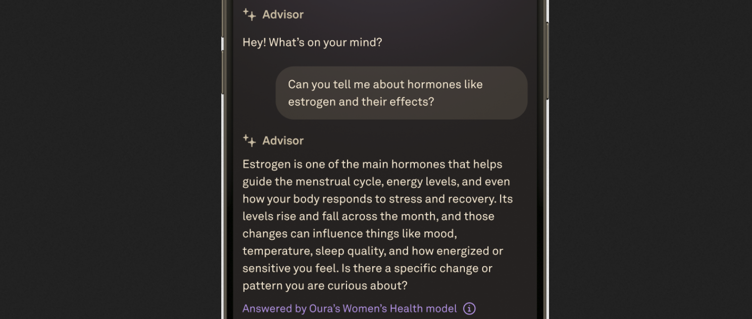Oura Advisor Labs screen showing women's health AI guidance — clinically grounded model built on biometric ring data