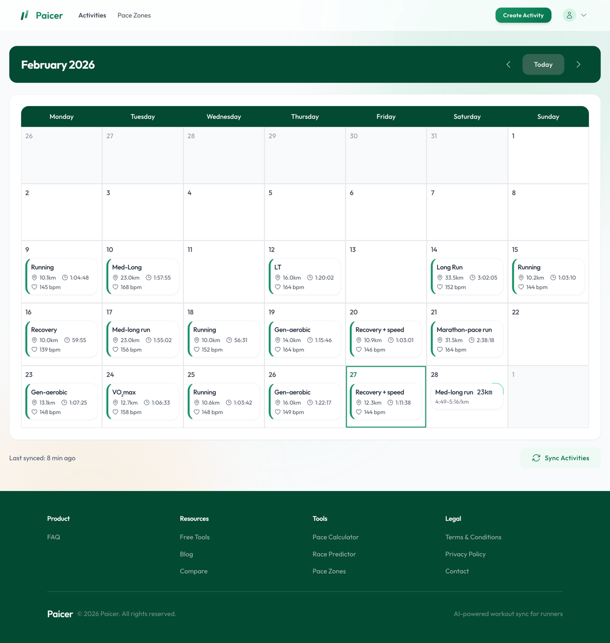 Pacier training calendar showing a full month of Garmin workouts including Long Run, LT, VO2max and Marathon-pace sessions with distance and duration