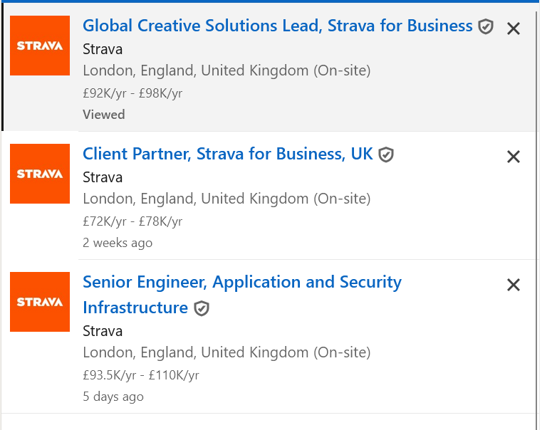 LinkedIn job listings showing Strava UK roles in business development and public policy