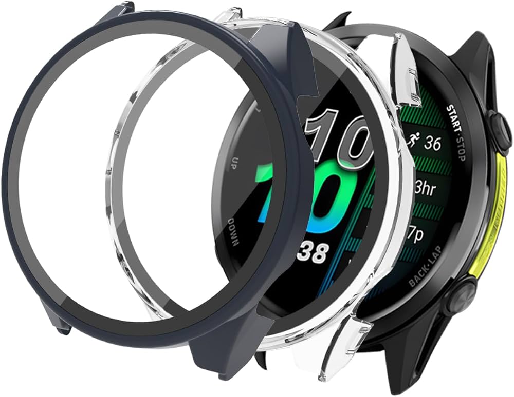 Tempered glass screen protector applied to Garmin smartwatch to conceal lens scratches