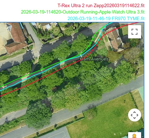 Amazfit T-Rex Ultra 2 GPS Accuracy Test Result - consistent parallel tracks to true position