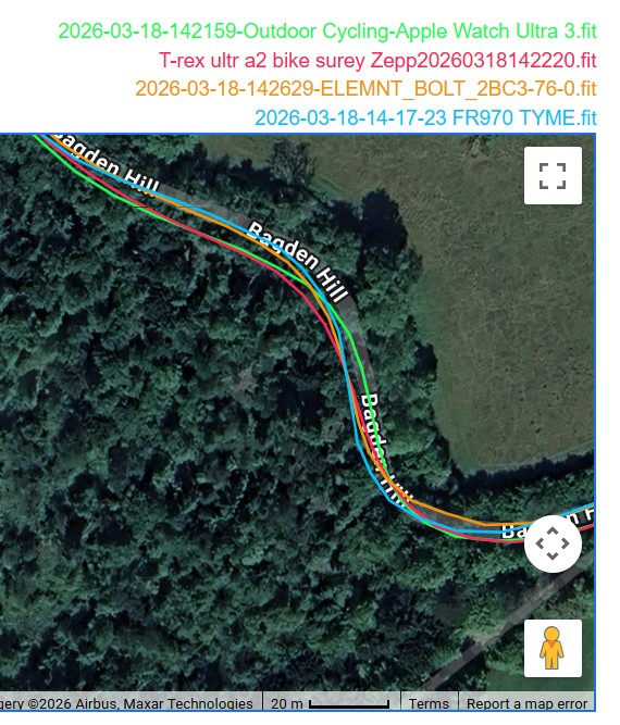 Amazfit T-Rex Ultra 2 GPS Accuracy Test Rural Road Bike Result - minor deviations at speed under trees