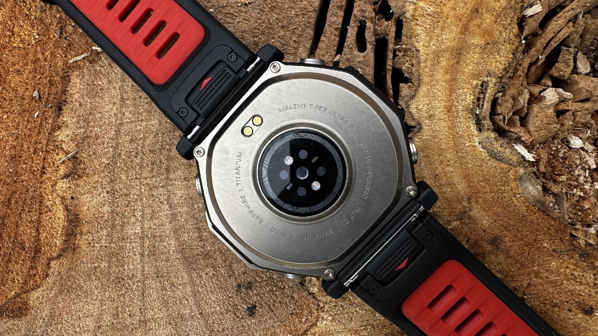 Amazfit T-Rex Ultra 2 BioTracker heart rate sensor array on underside with quick-release silicone straps
