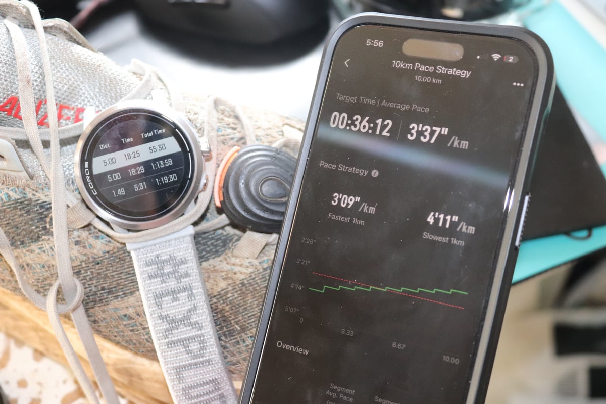 COROS Pace Strategy negative split plan on watch screen with Stryd footpod on running shoe, Spring 2026 update