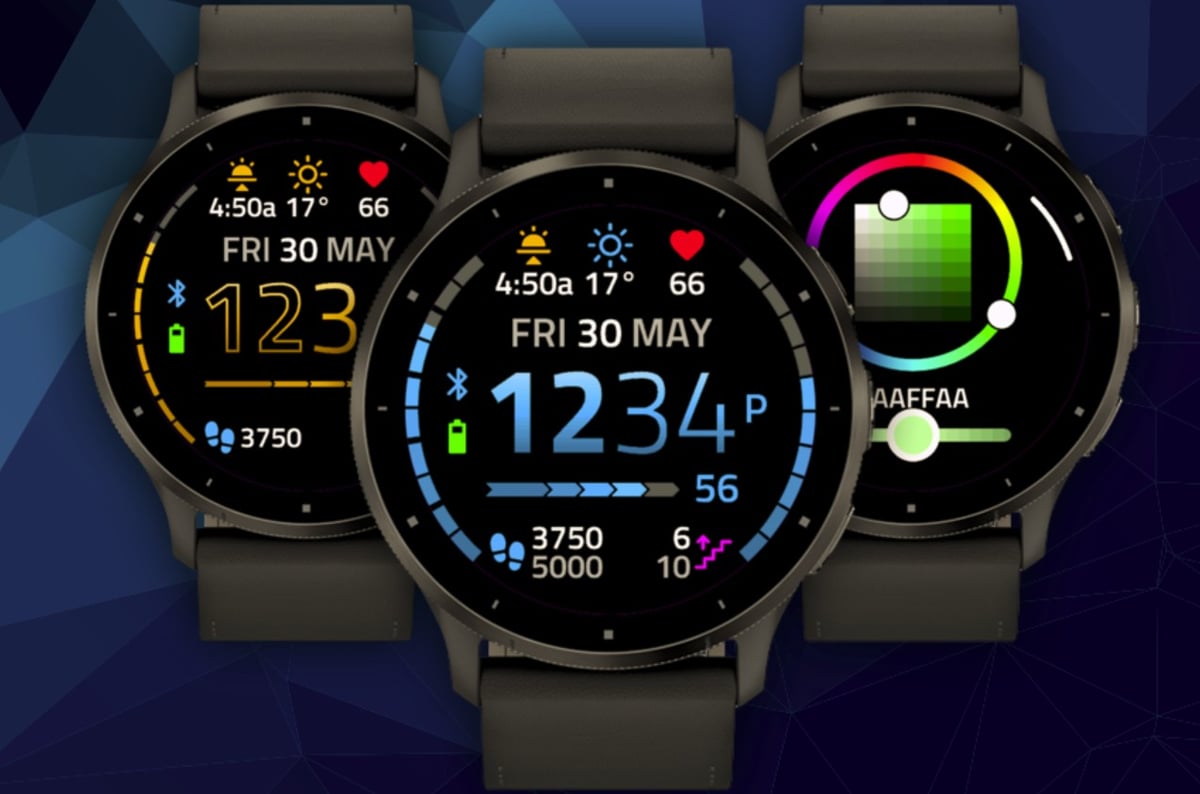 Crystal Reborn 2.0 Garmin watch face by Pixel Pathos — colourful complications on AMOLED display