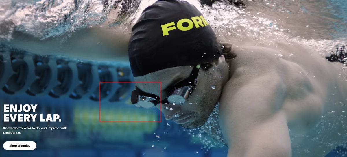 FORM Smart Swim Goggles right-side display module shown for hardware comparison with Garmin video
