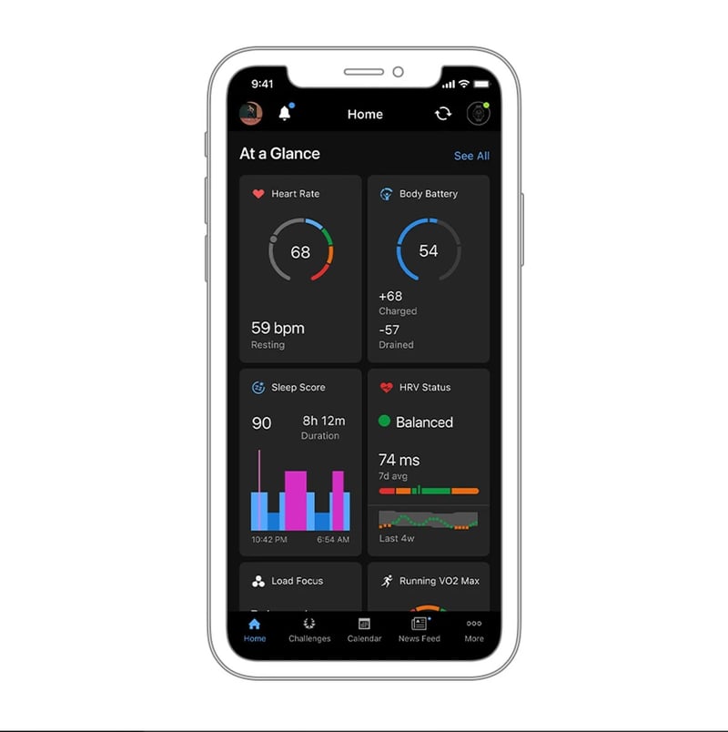 Garmin Connect app Health Stats screen showing body battery, HRV Status and respiration rate summary data