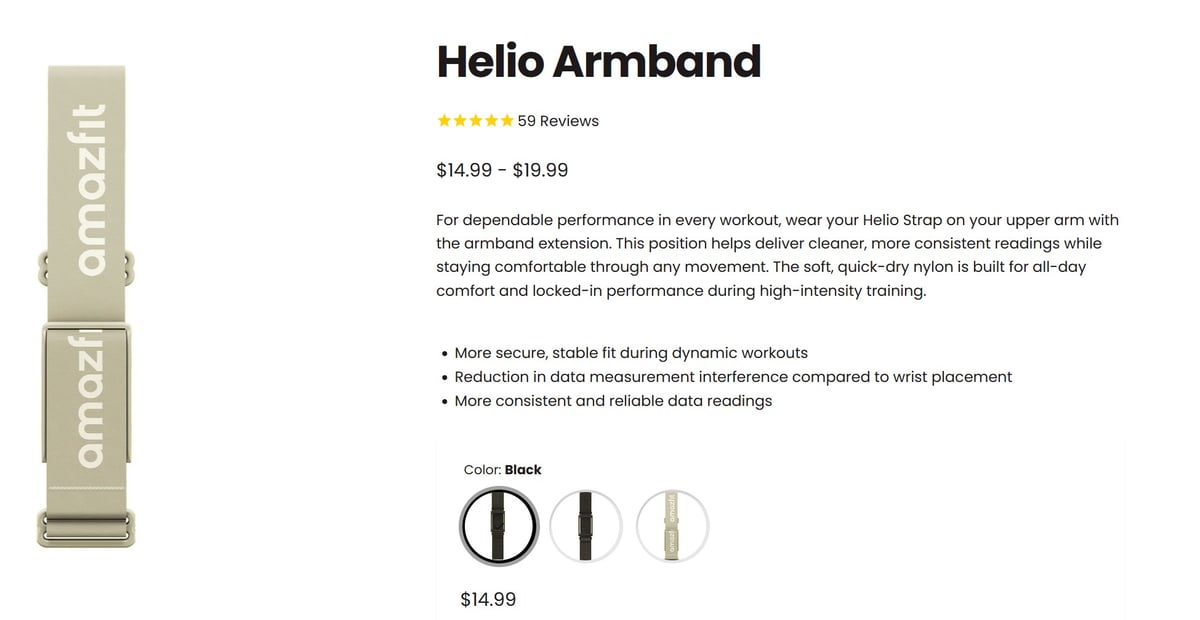 Amazfit Helio Strap armband accessory worn on the bicep — Light Gray colourway