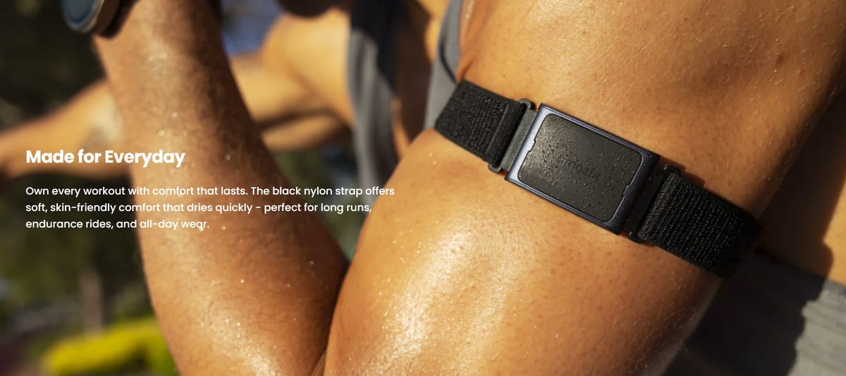 Amazfit Helio Strap worn on the upper arm showing bicep placement for improved BioTracker sensor accuracy