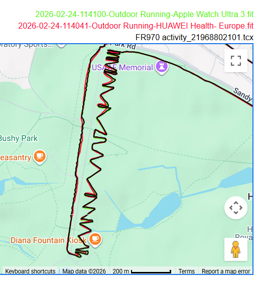 Huawei Watch GT Runner 2 - GPS accuracy switchback test route - part of the famous Bushy Park parkrun route
