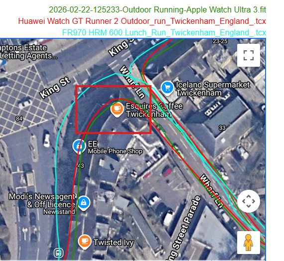 Huawei Watch GT Runner 2 - GPS accuracy when obscured by shop awning and tight bend next to wall