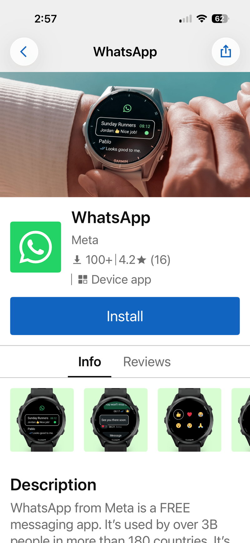 Meta WhatsApp on the Garmin mobile connect IQ Store