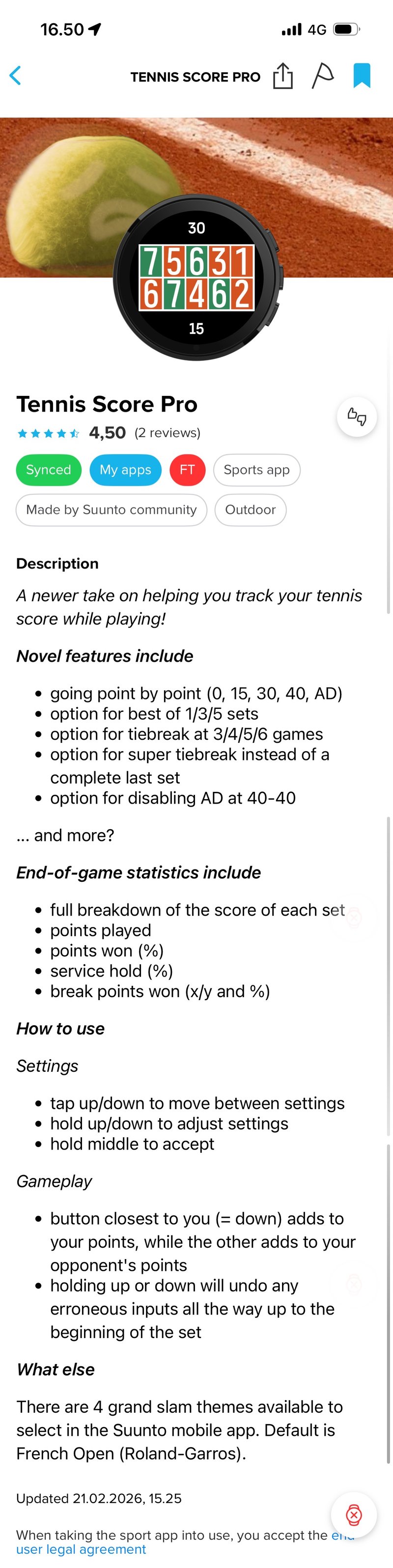 Tennis score pro suuntoplus developer app
