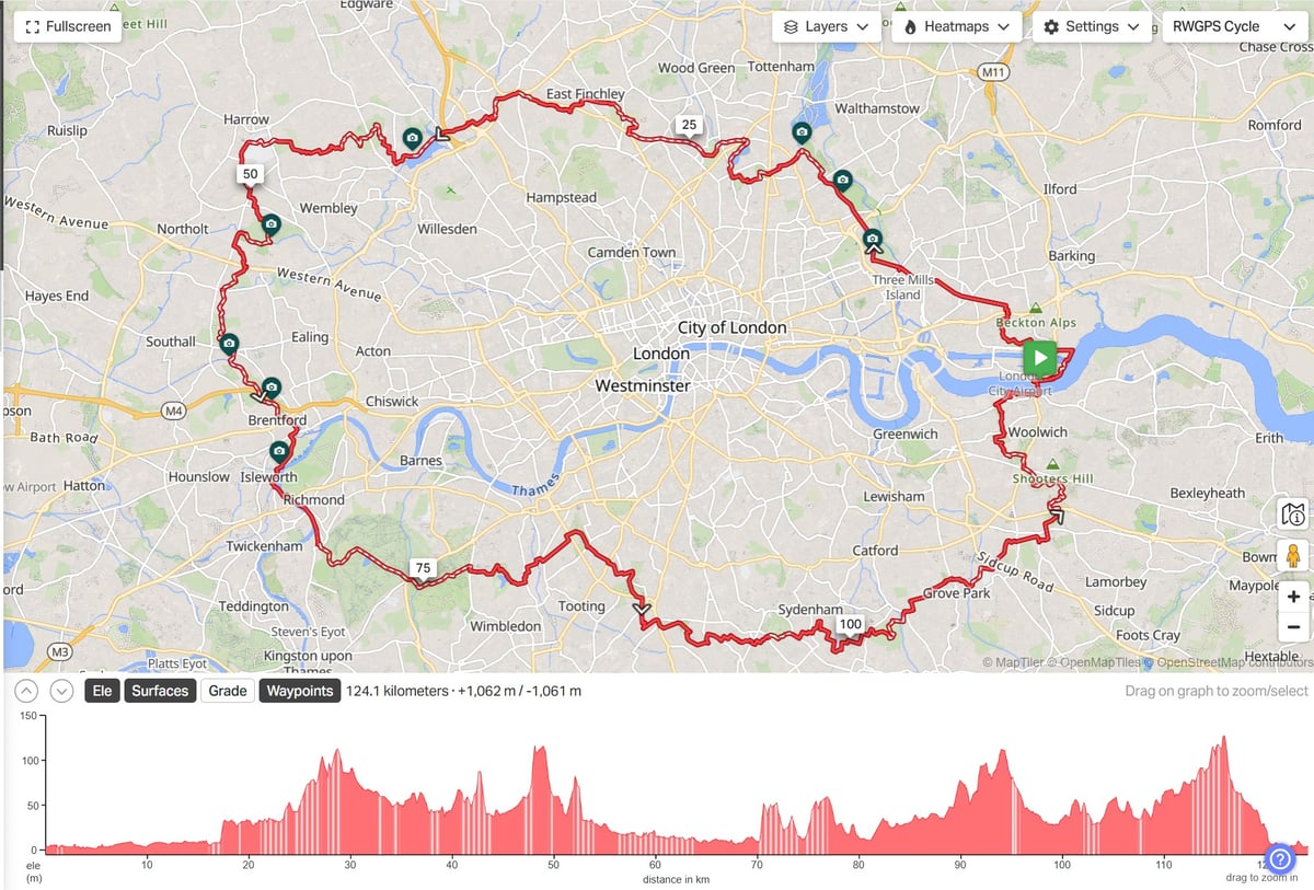 ondon Capital Ring cycling route map, 77-mile circular ride through London parks, trails and streets