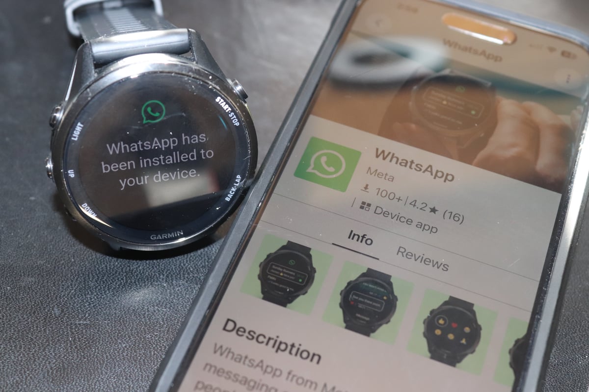 WhatsApp app running on Garmin Forerunner 970 via Connect IQ — messages view on AMOLED display