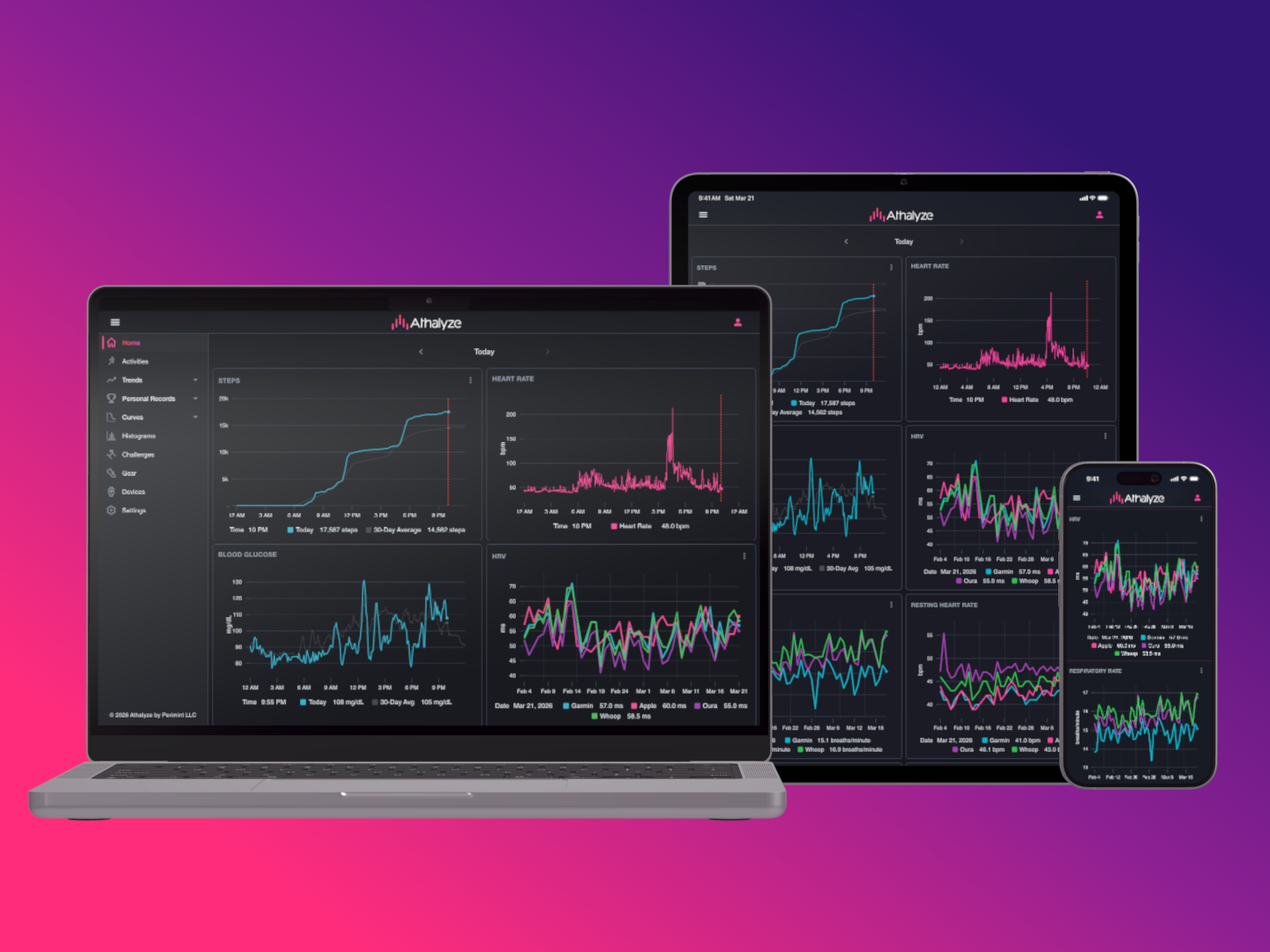 Athalyze training analytics app on iPhone and iPad showing workout data, health metrics, and activity history