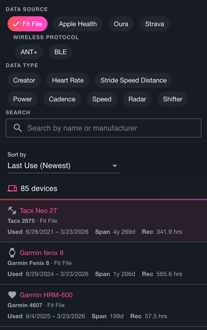 Athalyze devices overview listing all connected GPS watches, bike computers, and heart rate straps with activity history