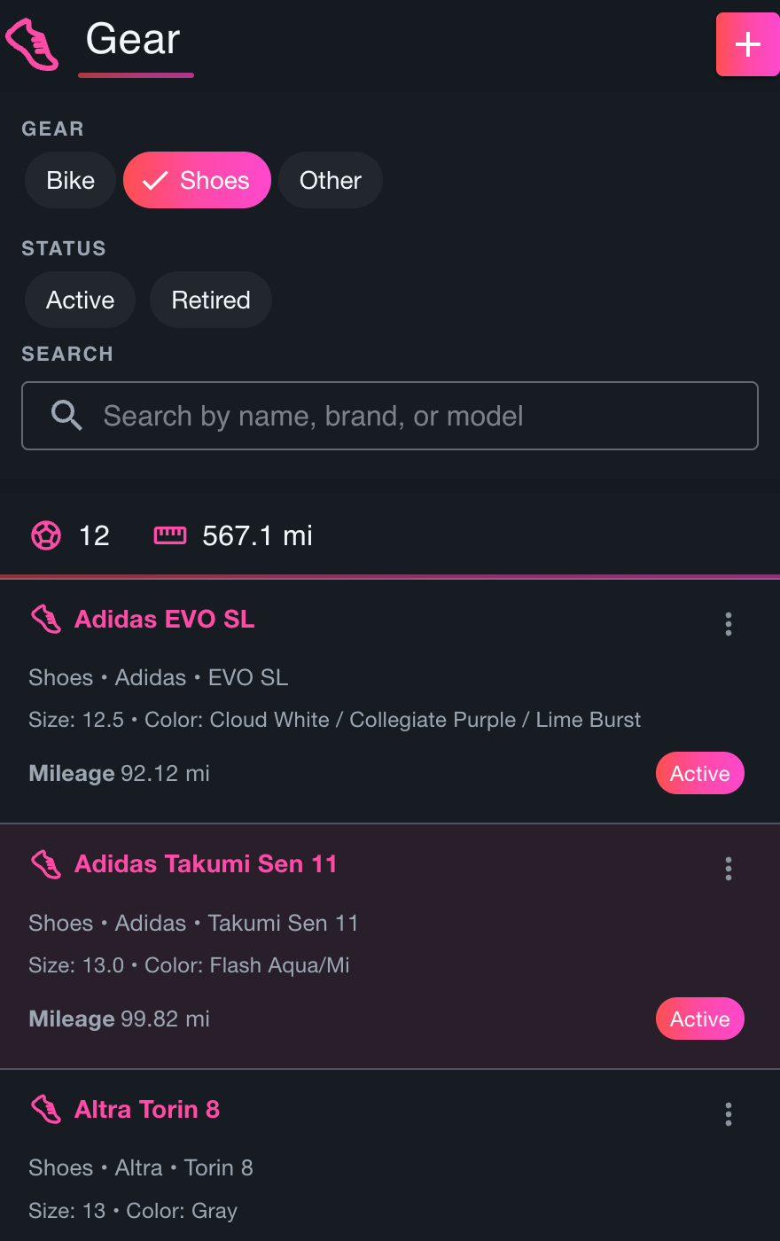Athalyze gear page showing total mileage, hours of use, and complete activity history for a running shoe