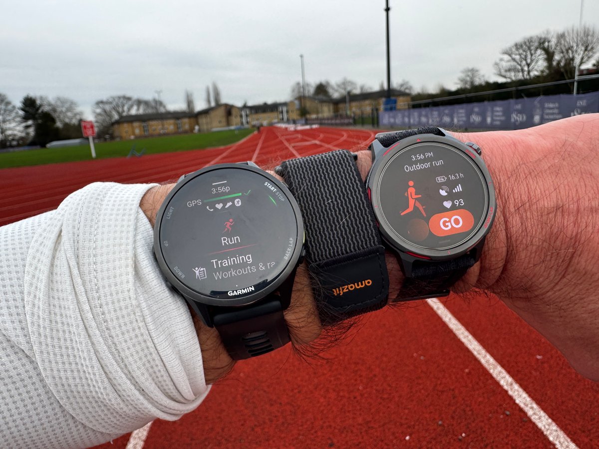 huawei watch gt runner 2 - runner tests accuracy against amazfit helio strap and garmin forerunner 970 at Mo Farah running track