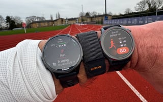 huawei watch gt runner 2 - runner tests accuracy against amazfit helio strap and garmin forerunner 970 at Mo Farah running track