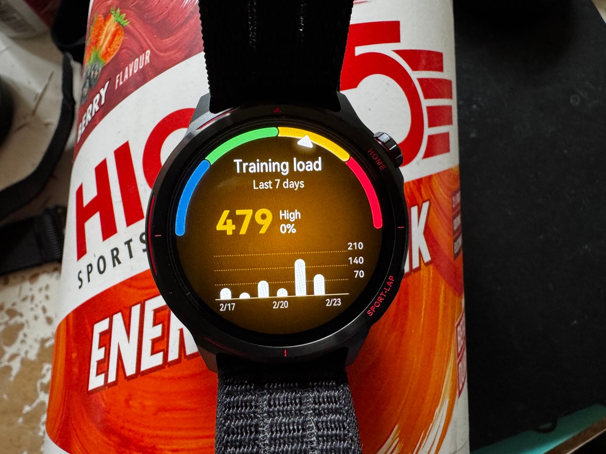 Huawei Watch GT Runner 2 displaying training load metric alongside High 5 energy carbohydrate powder