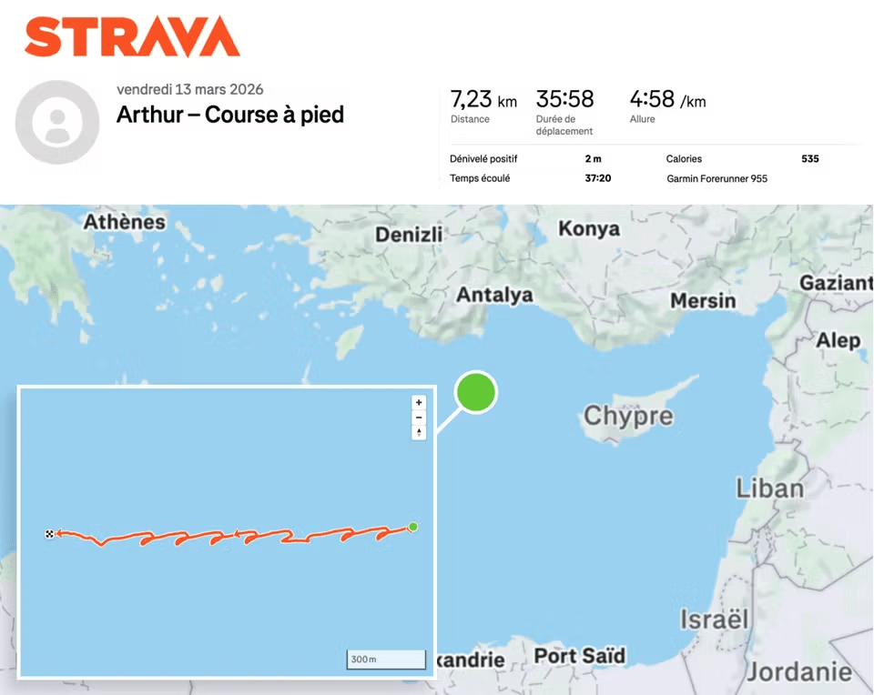 Strava GPS data exposing real-time location of French aircraft carrier Charles de Gaulle, Mediterranean 2026