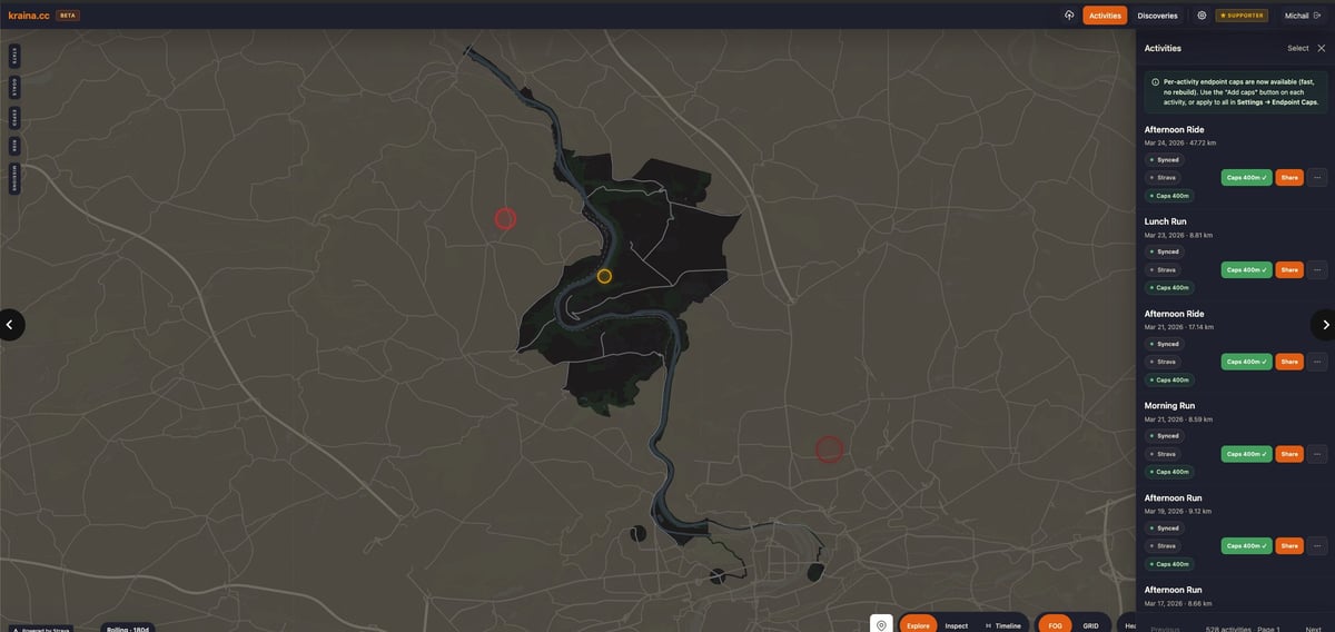 Kraina for Strava fog of war map interface showing revealed territory and rolling fog mechanics