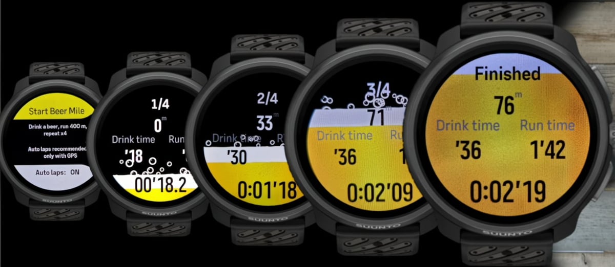Beer Mile SuuntoPlus community app showing animated beer bubble interface during activity