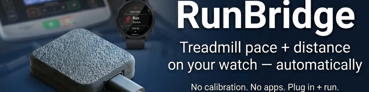 RunBridge Bluetooth FTMS treadmill adapter plugged into treadmill USB port with Garmin Forerunner watch in foreground showing footpod sensor connection icon