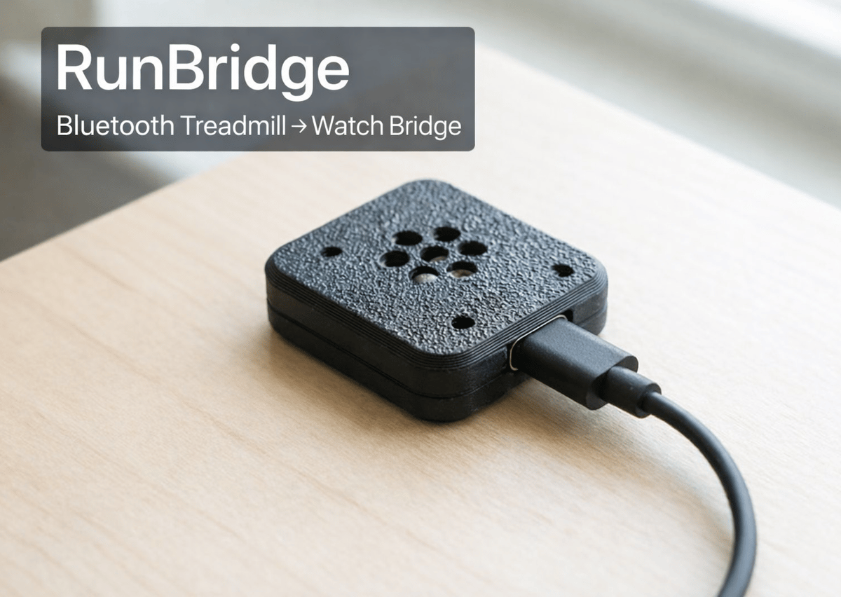 Close-up of the RunBridge Bluetooth treadmill adapter showing its compact USB form factor next to a short USB cable