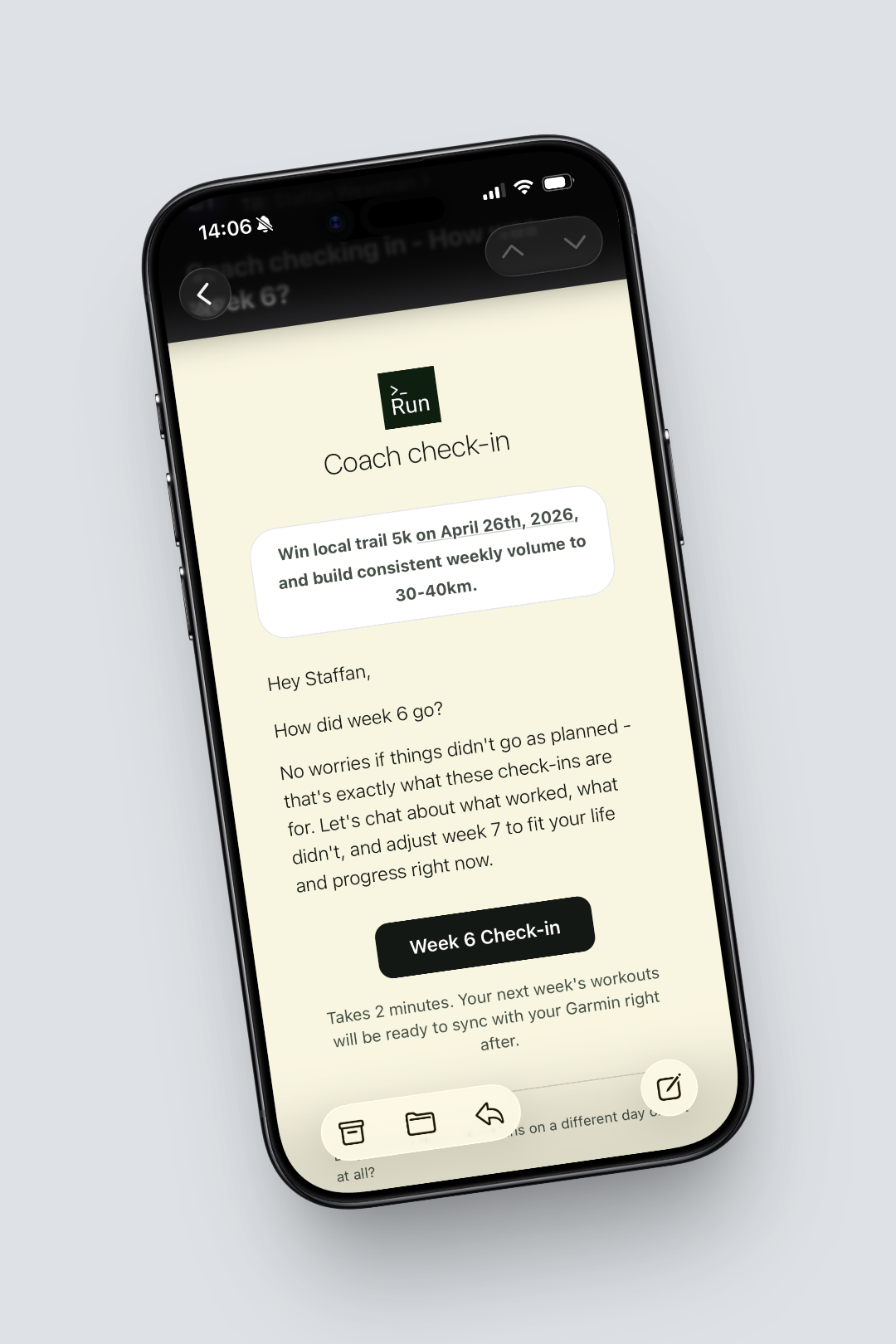 Type to Run Weekly Coach mandatory check-in screen prompting runner to explain missed interval sessions before accessing next week