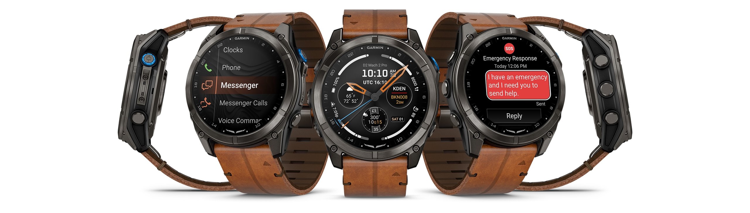 Garmin D2 Mach 2 Pro review of aviator smartwatch Carbon Gray DLC titanium case with chestnut leather band, showing front and side angled views