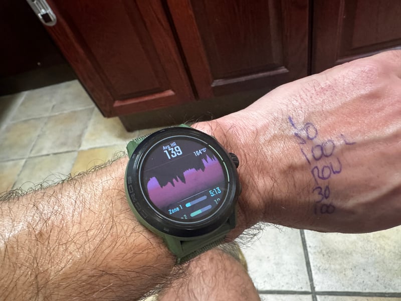 Coros app post-workout summary for the PFT Test showing heart rate chart across all six exercise leg