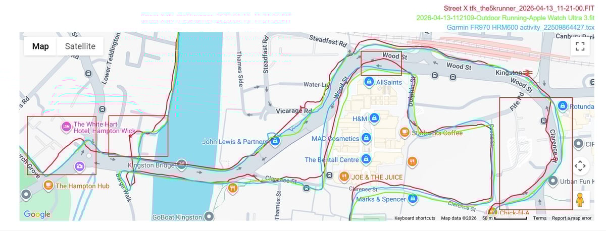 Polar Street X GPS accuracy in Kingston town centre with urban signal challenges versus Forerunner 970