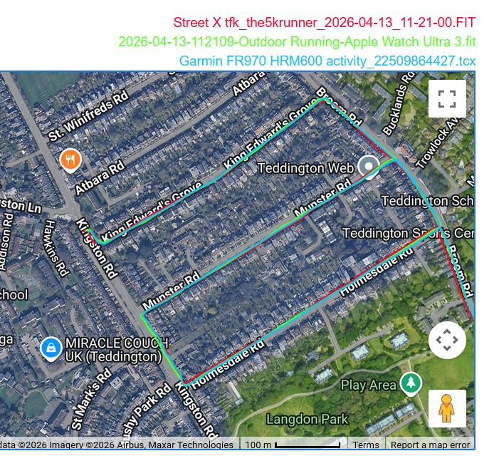 Polar Street X GPS track in suburban Teddington closely matching Forerunner 970 and Apple Watch Ultra 3