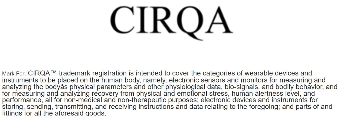 Garmin CIRQA trademark application for wearable recovery and performance monitoring device