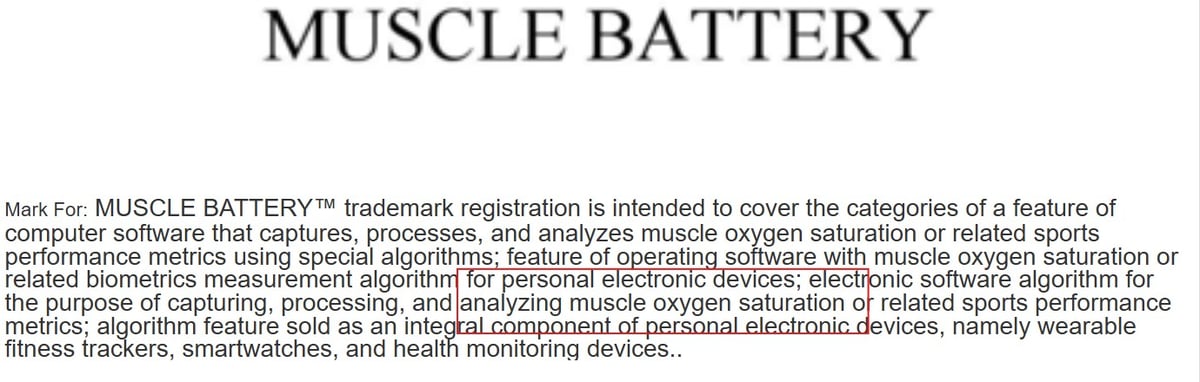 Garmin Muscle Battery trademark application describing SmO2 software algorithms for wearable fitness trackers and smartwatches