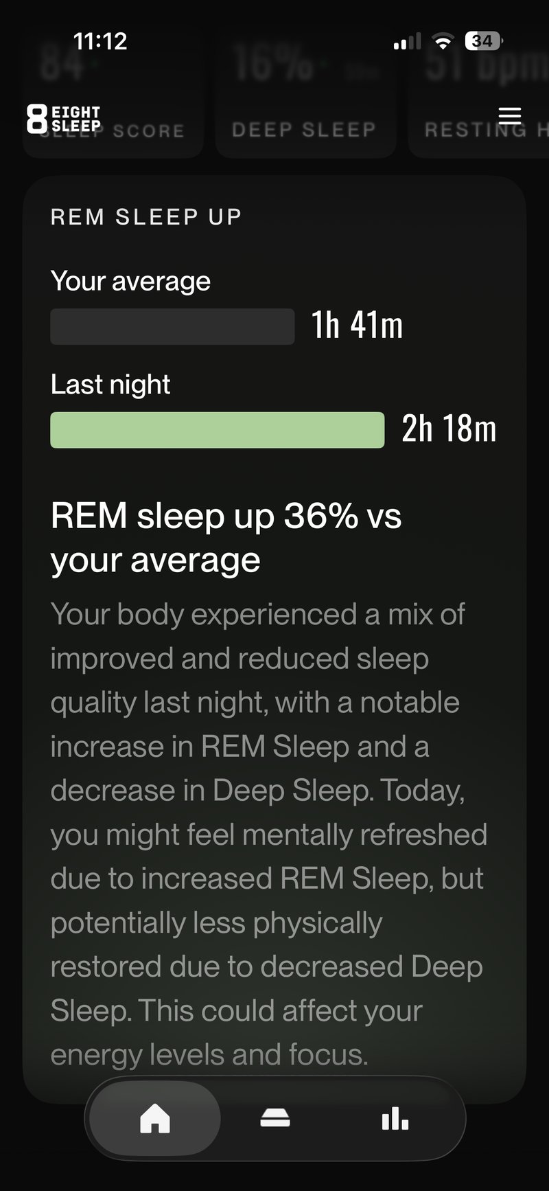 Eight Sleep Autopilot 4.0 morning brief showing REM sleep up after an easy day following a hard training block