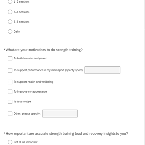 Garmin strength training survey page one showing frequency, motivation, and load recovery importance questions